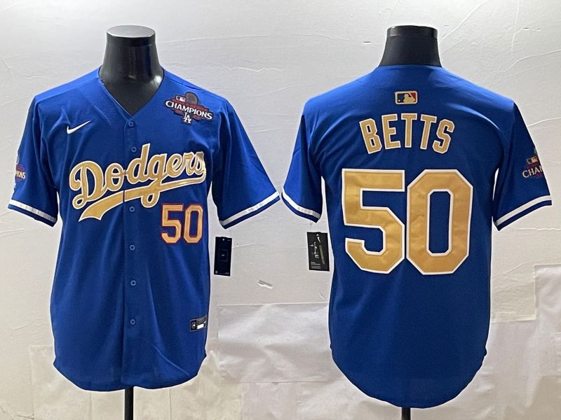 Men Los Angeles Dodgers 50 Betts Blue Champion gold character 2025 Nike MLB Jersey style 4121